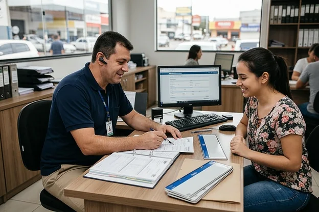 Profissional ajudando cliente no primeiro emplacamento de veículo.