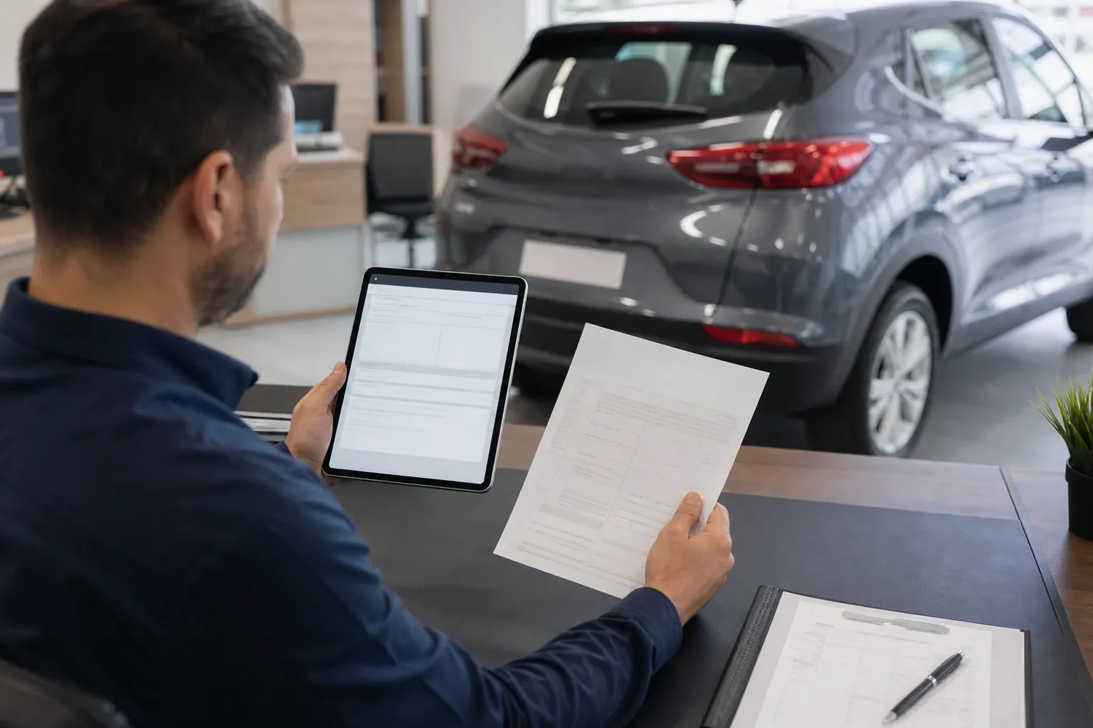 Profissional atendendo cliente para licenciamento de veículo.