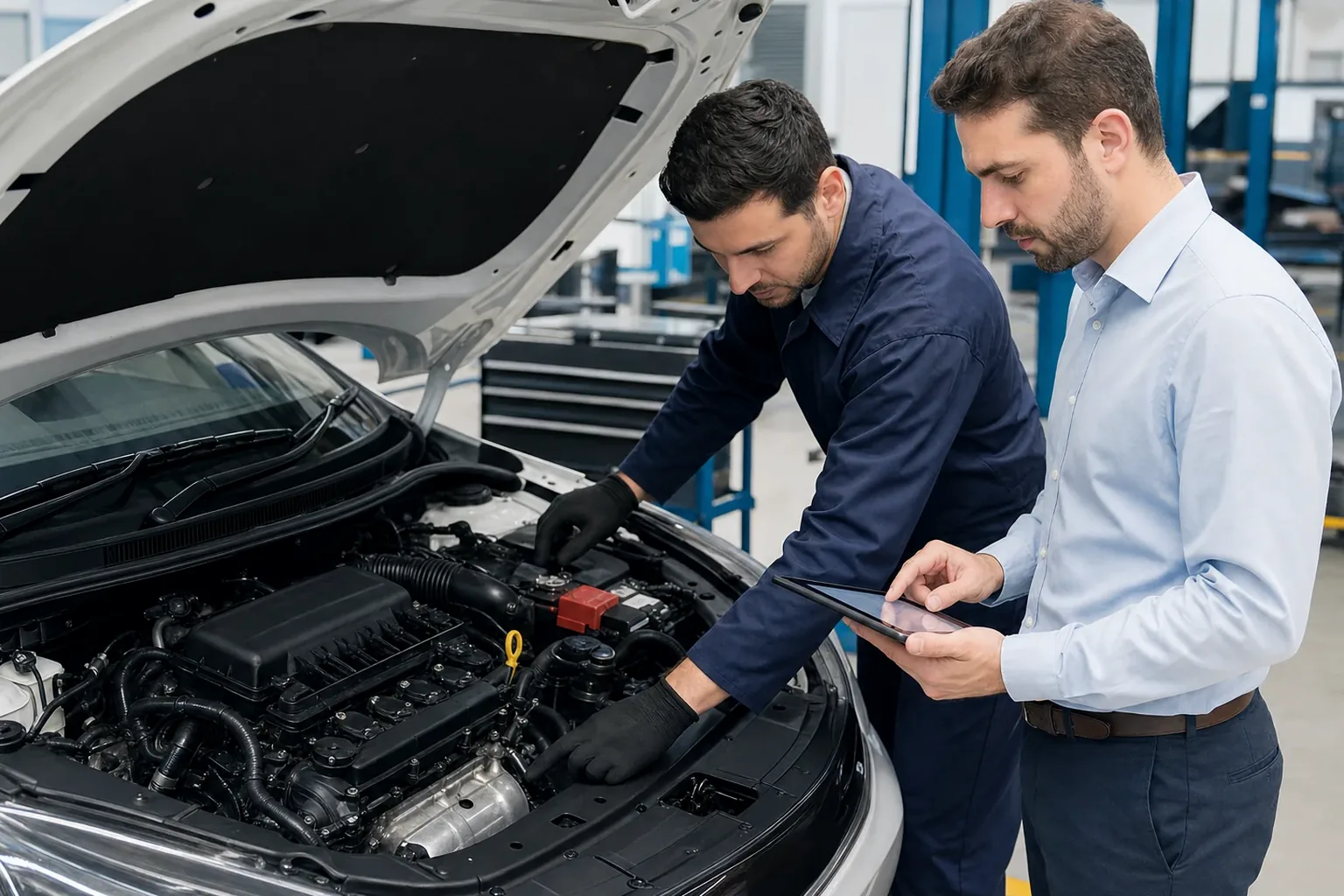 Profissional cadastrando motor de veículo para cliente.