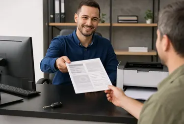 Profissional em despachante imprimindo CRLV-e para cliente.