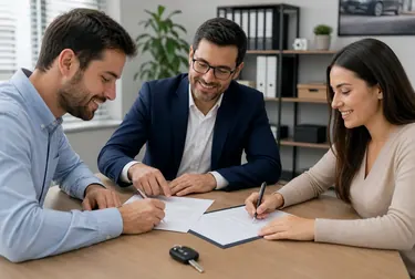 Profissional preparando documentos para a transferência de veículo.