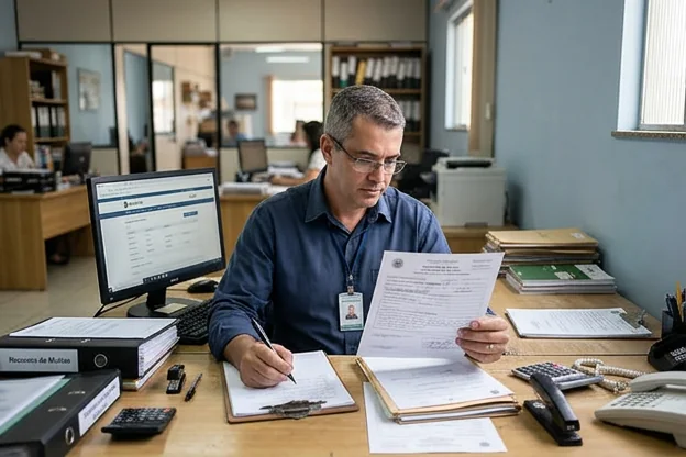 Profissional revisando documentos para recurso de multa.